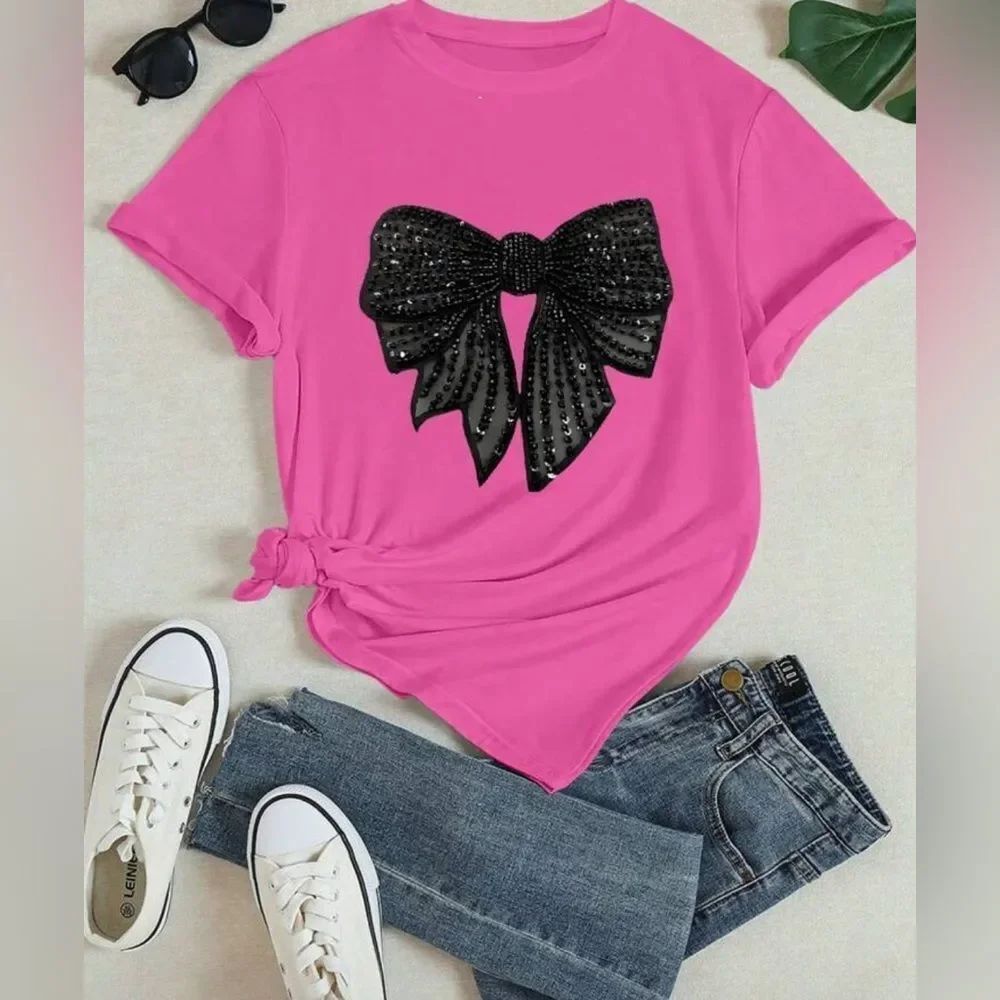 NWOT Pink T-Shirt with Black Sequin Bow